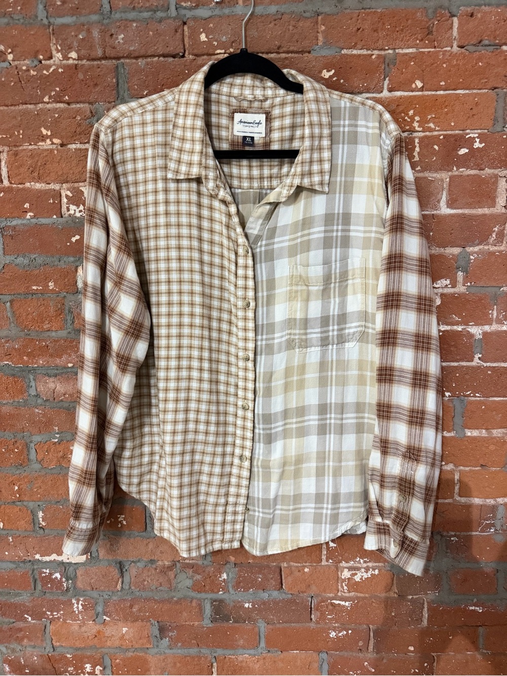 American Eagle Patchwork Plaid Long-Sleeve Shirt